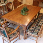 Farmhouse Refectory Leaf Wood Table With 8 Wheat Back Rush Seat Dining Chairs With Cushions
