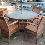 Quality Outdoor Plastic Woven Patio Furniture Set Includes Table, 4, Chairs And Umbrella