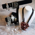 Women's Quality Fashion Jewelry Includes 2 Sterling Bling Rings & Black Floral Beaded Necklace