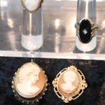14 KT Gold And Black Onyx Ring With Diamond With 2 Cameo Gold Pins And Floral Gold Pin