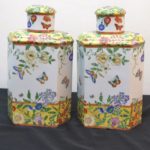 Pair Of Vintage Decorative Hand Painted Hexagonal Shape Urns With Lids