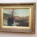 Antique Oil On Wood Painting Signed J. Gothrie 1878 “Harbor Scene” In Gilded Gold Frame