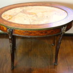 Antique Oval Wood Inlay Wood Cocktail Table With Beautiful Inset Marble Top