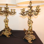 Antique Pair Of Heavy Solid Bronze 6 Arm Candelabra Electrified Lamps