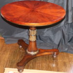 Vintage 30” Dia Round “Empire Style” Rosewood Pedestal 3 Footed Table With Gold Feather Detail
