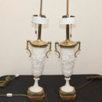 Pair Of Vintage White Bisque & Metal Cherub Urn Lamps