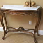 Vintage Carrara Marble Topped Wood Console Table With Scrolled Carved Legs