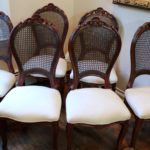 Vintage Louis XV Style Caned Back, Muslin Upholstered, Set Of 6 Dining Chairs