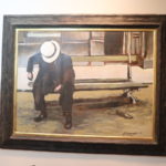Acrylic On Canvas “Man On A Bench” Signed L. Spangler 1971 In Rustic Frame