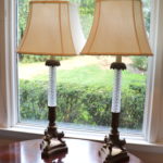 Vintage Pair Of Tall Crystal Table Lamps With Bronze Base