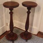 Pair Of Vintage Turned Pedestal Stands With 3 Bronze Colored Claw Feet
