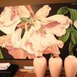 Set of 3 pink vases and floral painting