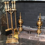 Heavy Brass Fireplace 4 Piece Tool Set & Brass Andirons