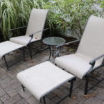 Pair Of Brown Jordan Lounge Chairs & Ottomans With 1 Brown Jordan Side Table  