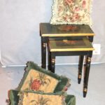Lot Of Hand Painted Nesting Table Set With Vintage Needlepoint Throw Pillows