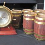 Seth Thomas Brass Ship Wheel Weather Barometer & Set Of 7 Barrel Beer Mugs
