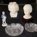 Cybis Bisque Marked Busts Of Children On Pedestals, Royal Copenhagen Figurine And Cut Crystal Bowls