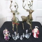 Pair Of Brass Reindeer Candlesticks With Royal Doulton Figurines & Signed Swan Glass Family