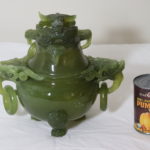 Beautiful Large Antique Asian Hand Carved Jade Censer On Carved Stand Some Damage
