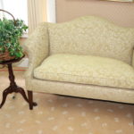 Vintage Camel Back Loveseat In Linen Brocade Fabric With Accessories