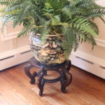Large Hand Painted Lotus Blossom Asian Style Pot With Faux Plant And Stand