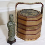 Carved Jade Stone Asian Scholar On Stand With Authentic Hand Painted Chinese Wicker Gilded Lunch