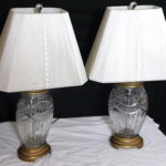 Pair Of Etched Crystal Lamps With Brass Finished Base And Silk String Shades