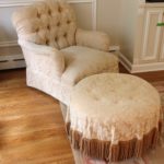 Custom Tufted Arm Chair And Round Ottoman With Damask Upholstery