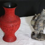 Vintage Asian Cinnabar Vase With Carved Soapstone Warrior