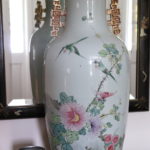 Oversized Antique Asian Floral Vase With Chinese Characters And Gold Painted Handles