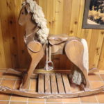 Vintage Wooden Rocking Horse With Wool Mane & Tale And Leather Saddle With Stirrups