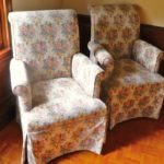 Pair Of Custom Floral Upholstered Arm Chairs With Skirts