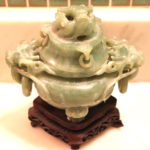 Vintage Carved Asian Dragon Green Jade Censer 7" Tall With Wood Stand
