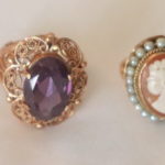 Gold Cameo Ring With Seed Pearls And Amethyst Stone On Filigree Gold Band
