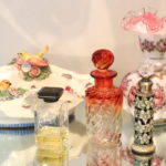 Fenton Floral Glass Vase With Assorted Perfume Bottles And Bird Dish