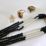 Black Onyx And Pearl Necklace 16" With 14KT Gold Clasp, 2 Rings And Gold Chai Life Symbol