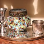 Fun Colorful Blown Glass Jar With Cups And Vintage Mirror Perfume Tray