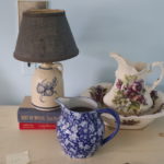 Cedar Swank Stoneware Lamp With Floral Chamber Pot And Blue & White Pitcher