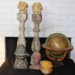 Set Of Tall Carved Wood Candle Pedestals With Hand Dipped Wax Candles With Globe And Mini Bust