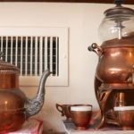 Vintage Hand Forged Copper Kettle With Copper Tea/Coffee Dispenser And Cups