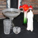 Bride & Groom Figure By Austin Production With Tall Glass Floral Vase And Small Orrefors Crystal Dish