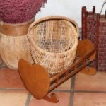 Vintage Wicker Fishing Basket With Heart Shaped Wood Baby Doll Cradle And Basket