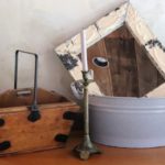Vintage Wood Basket With Metal Handle And Detail With Candlestick And Mirror