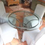 48" Beveled Glass Table With Metal Base And 4 Covered Chairs