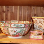 Rose Medallion Bowl With Powder Boxes And Asian Figurine