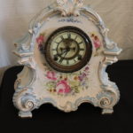 Vintage Ansonia Porcelain Mantel Clock With Floral Detail And Beveled Glass Window