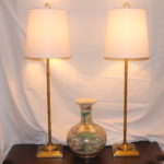 Hand Painted Japanese Vase With Gold Trim And Pair Of Bamboo Style Brass Tone BuffetConsole Table Lamps