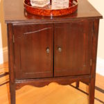 Vintage Record Holder Cabinet With Etched Crystal Ashtrays & Decanter On Wood Tone Lacquer Tray