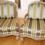 Pair Of Silk Covered Arm Chairs With Distressed Style Wood Finish