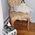 Vintage Victorian Style Vanity Chair With Doll In Bridal Gown & Decorative Bird Cage